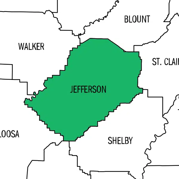 Map highlighting Jefferson County, Alabama