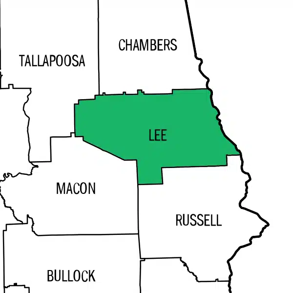 Map highlighting Lee County, Alabama